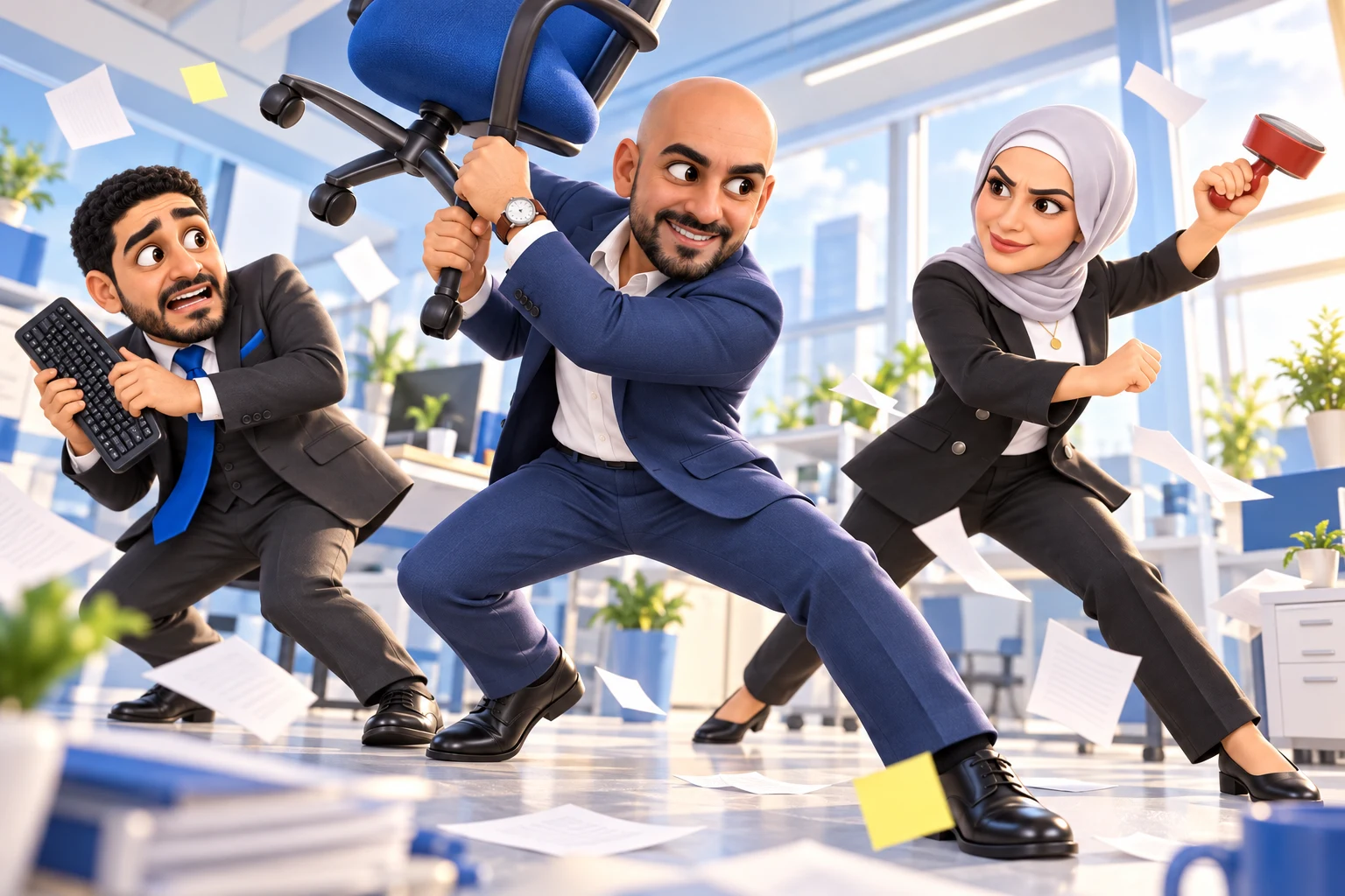 Three OAF colleagues mid office-brawl, one swinging a desk chair